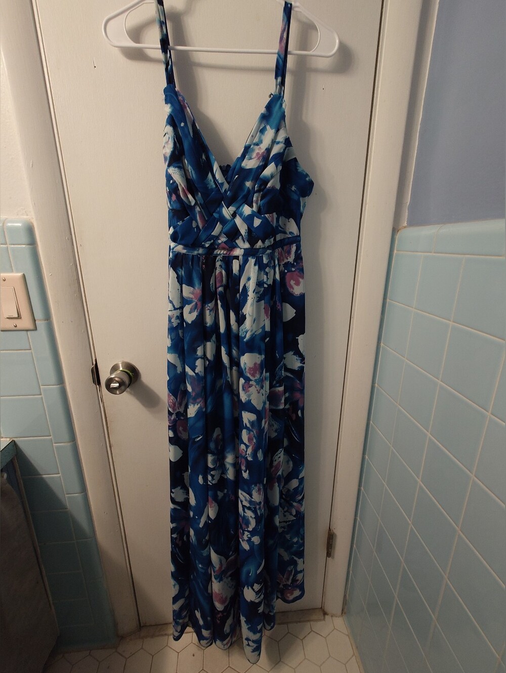 Beautiful,Bold Blue Floral Maxi Dress - Spaghetti Strap Wrap Bodice